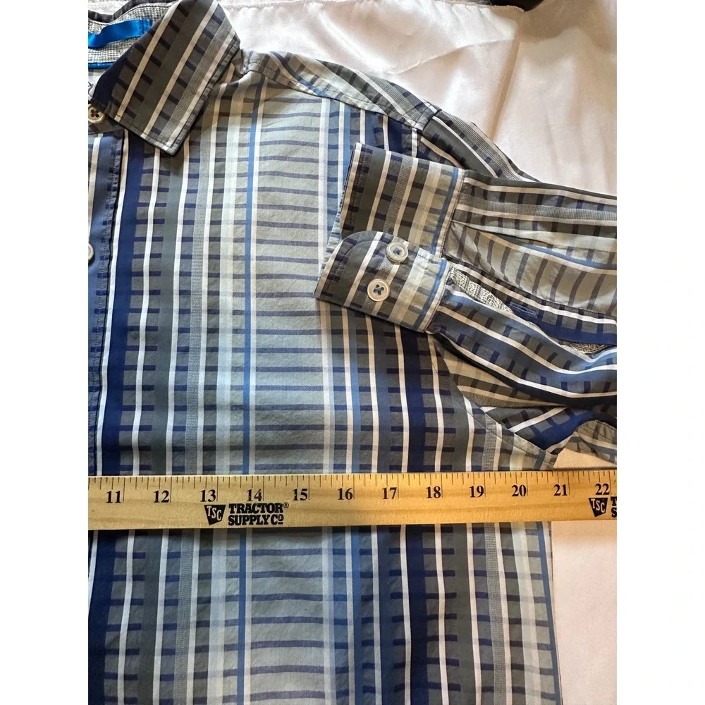 Tommy Bahama Button Down Mens L Blue Grey Excellent Pima Cotton Striped‎ Shirt